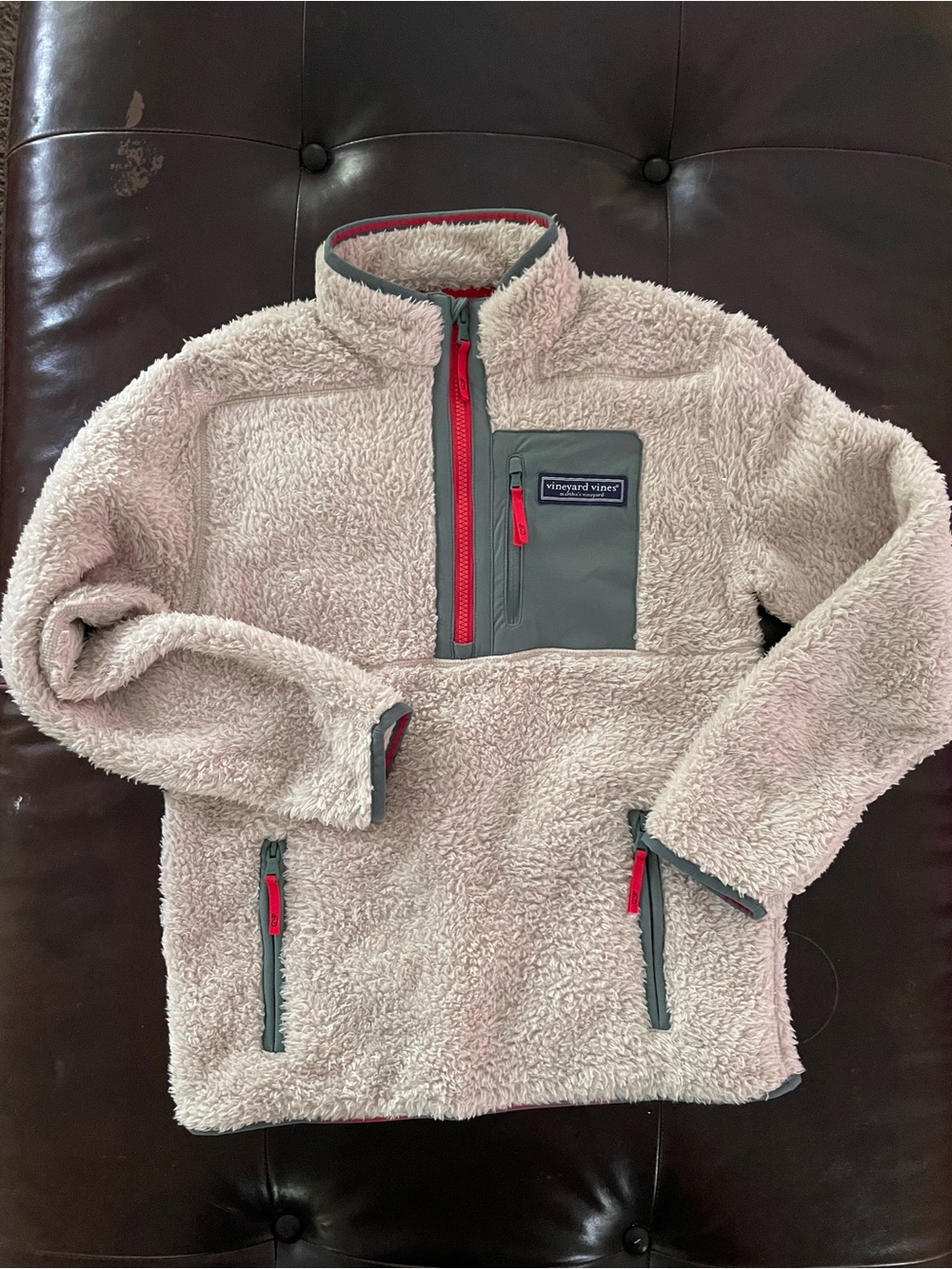 Vineyard Vines Kids' Cream Sherpa Half-Zip with Gray Trim and Red Zippers
